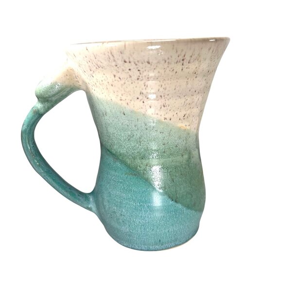 Art Pottery Vase Handmade Ceramic Speckled Tan Teal Green Gradient Glaze Signed - Picture 1 of 8